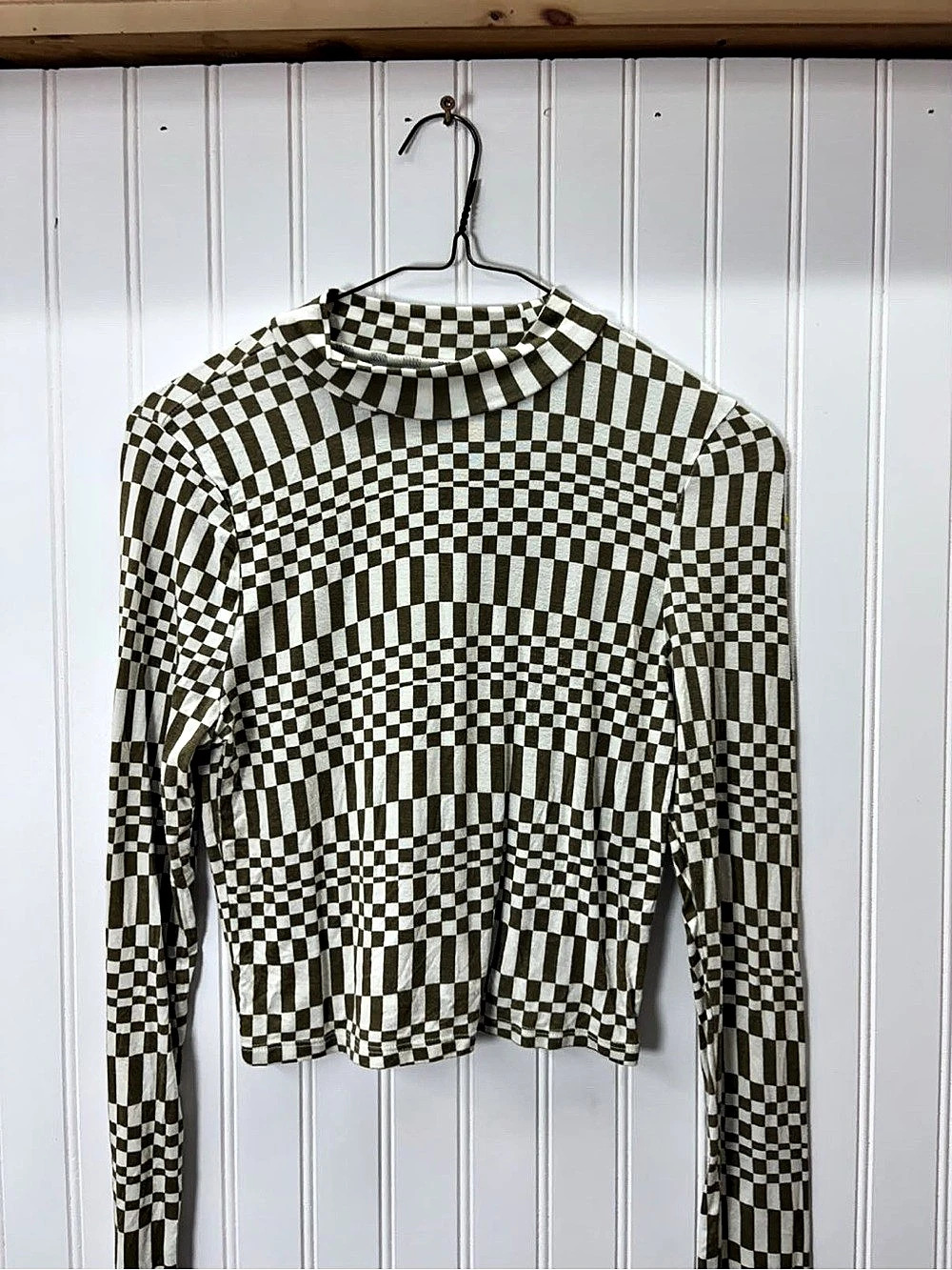 PAC by pacsun Checkered mock neck Long Sleeve Top in Green & White Size Small